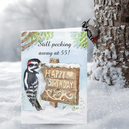Happy 55th Birthday Downy Woodpecker Karte
