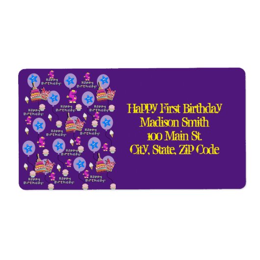 Happy 5th Birthday Address Labels, Gelb & Lila (Vorne)