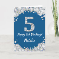 Happy 5th Birthday Blue and Silver Glitzer Card