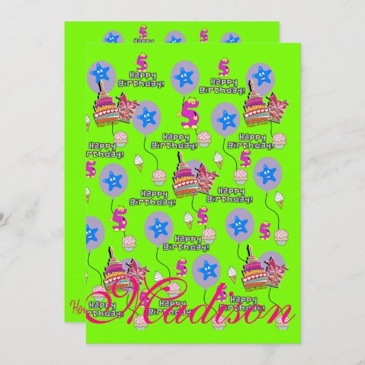 Happy 5th Birthday Einladung Geburtstag #5 Green (Vorne/Hinten)