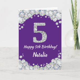 Happy 5th Birthday Lila and Silver Glitzer Card Karte