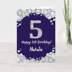 Happy 5th Birthday Navy Blue and Silver Glitzer Karte