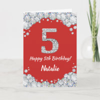 Happy 5th Birthday Red and Silver Glitzer Card