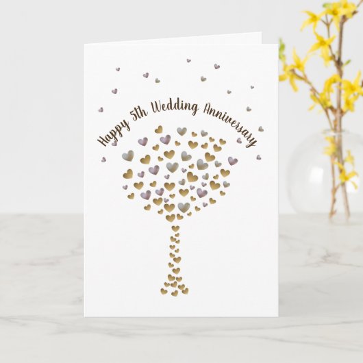 Happy 5th Wedding Anniversary, wood heart tree Karte (Gelbe Blume)