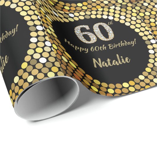 Happy 60. Geburtstag Black and Gold Glitzer Geschenkpapier (Rolleneckpunkt)