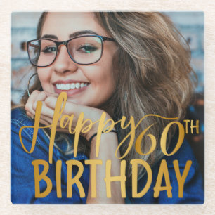 Happy 60. Geburtstag Script Personalisiertes Foto Glasuntersetzer
