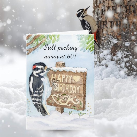 Happy 60th Birthday Downy Woodpecker Karte