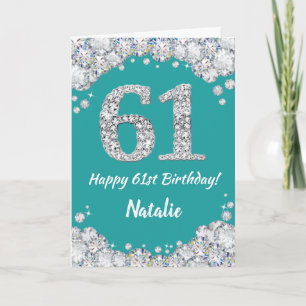 Happy 61. Geburtstag Aquamarine und Silver Glitzer Karte