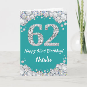 Happy 62. Geburtstag Aquamarin und Silver Glitzer Karte