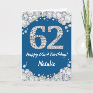 Happy 62. Geburtstag Blue and Silver Glitzer Card Karte