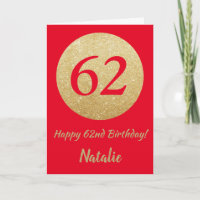 Happy 62. Geburtstagskarte Rot und Gold Glitzer Ca