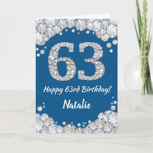 Happy 63. Geburtstag Blue and Silver Glitzer Card Karte (Vorderseite)