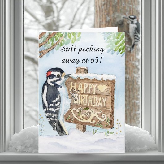 Happy 65th Birthday Downy Woodpecker Karte
