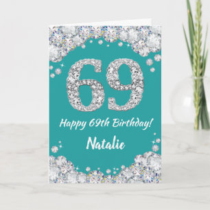 Happy 69. Geburtstag Aquamarine und Silberne Glitz Karte
