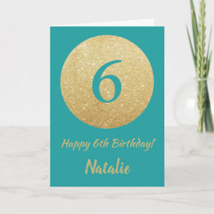 Happy 6th Birthday Aquamarin and Gold Glitzer Card Karte