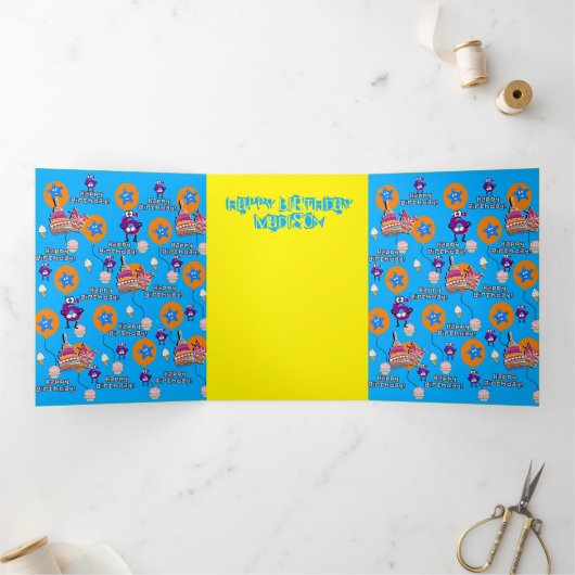 Happy 6th Birthday Card, #6 Blue & Yellow Dreifach Gefaltete Karte (Innenseite)