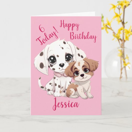 Happy 6th Birthday Niedlich Puppy Dog Pink Karte (Gelbe Blume)