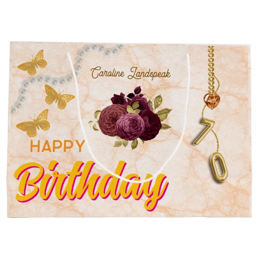 Happy 70 Birthday Burgundy Rose & Gold Juwelen Große Geschenktüte (Rückseite)
