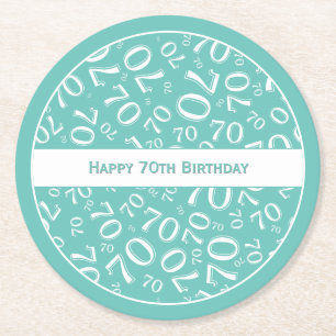 "Happy 70. Geburtstag" Aquamarin/Weiße Zahlenmuste Runder Pappuntersetzer