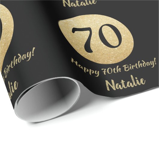 Happy 70. Geburtstag Black and Gold Glitzer Geschenkpapier (Rolleneckpunkt)
