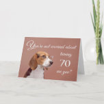 Happy 70th birthday, worried beagle karte<br><div class="desc">Eine humorvolle Geburtstagskarte mit einem niedlichen Beagle,  der eine Brille trägt,  der sich überhaupt nicht darum sorgt,  dass die Geburtstagskarte älter wird. Schließlich wären sie in Hundejahren ihr 7-jähriges Alter! Entworfen von Rycky Kreationen; Labrador Foto mit freundlicher Genehmigung von FotoRack.</div>