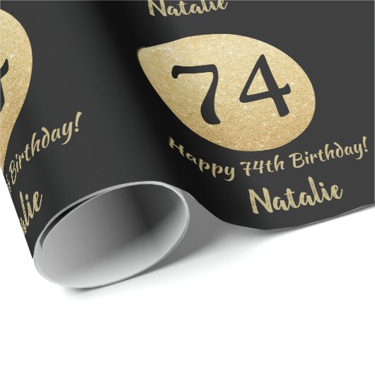 Happy 74. Geburtstag Black and Gold Glitzer Geschenkpapier (Rolleneckpunkt)