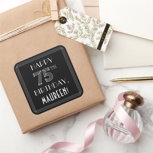 HAPPY 75TH BIRTHDAY; Art Deco Style; Custom Name Quadratischer Aufkleber (Schenken)