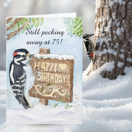 Happy 75th Birthday Downy Woodpecker Karte