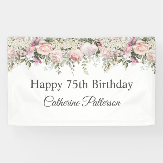 Happy 75th Birthday Feminine Pink Roses Floral Banner (Horizontal)
