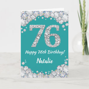 Happy 76. Geburtstagskarte Aquamarin und Silver Gl Karte