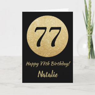 Happy 77. Geburtstagskarte Black and Gold Glitzer Karte