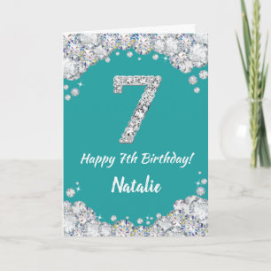 Happy 7th Birthday Aquamarin and Silver Glitzer Ca Karte