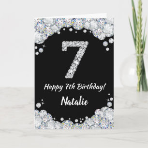 Happy 7th Birthday Black and Silver Glitzer Card Karte