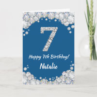 Happy 7th Birthday Blue and Silver Glitzer Card