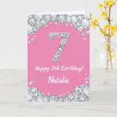 Happy 7th Birthday Pink and Silver Glitzer Card Karte (Gelbe Blume)