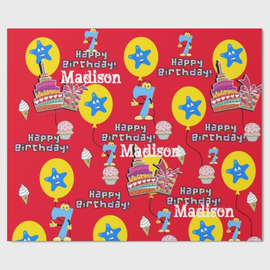 Happy 7th Birthday Wrapping Paper Balloons #7 Geschenkpapier (Flach)