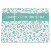 Happy 80. Aquamarin/weiß Zufallszahlenmuster Große Geschenktüte (Vorderseite)