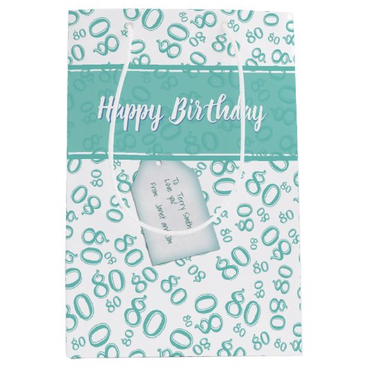 Happy 80. Aquamarin/weiß Zufallszahlenmuster Mittlere Geschenktüte (Vorderseite)