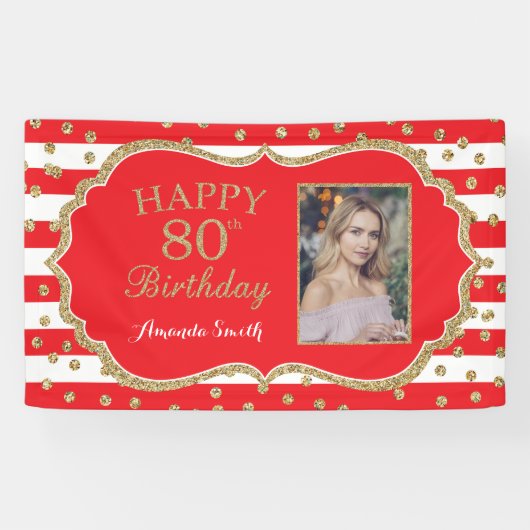 Happy 80. Geburtstag Banner Red Gold Glitzer Foto (Horizontal)