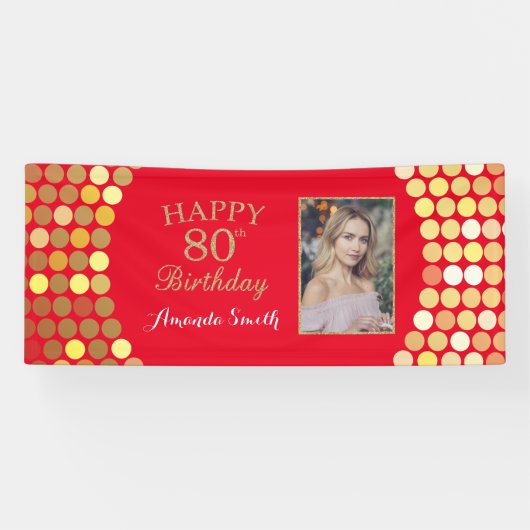 Happy 80. Geburtstag Banner Rot und Gold Foto (Horizontal)
