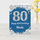 Happy 80. Geburtstag Blue and Silver Glitzer Card Karte (Gelbe Blume)