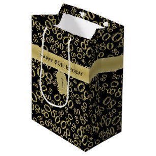Happy 80. Geburtstag Schwarz und Gold Zahlenmuster Mittlere Geschenktüte