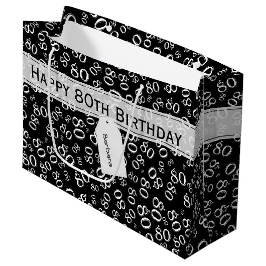 Happy 80. Geburtstag Schwarz/Weiß Zahlenmuster Große Geschenktüte (Vorderseite Schrägansicht)