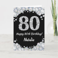 Happy 80. Geburtstagskarte Black and Silver Glitze