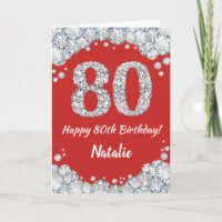 Happy 80. Geburtstagskarte Rot und Silber Glitzer