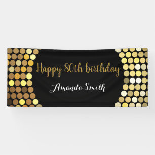 Happy 80th Birthday Banner Black and Gold Glitter