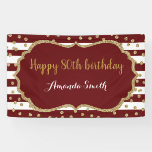 Happy 80th Birthday Banner Burgundy Gold Glitter