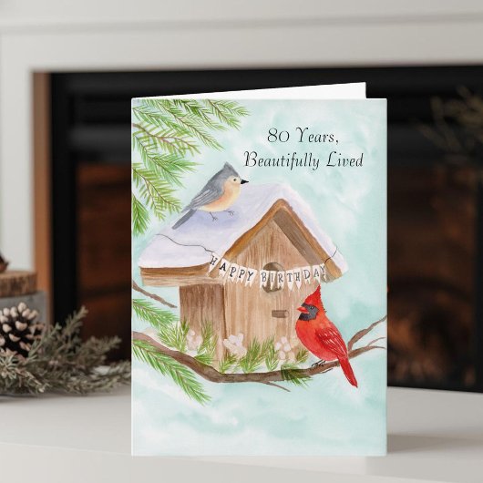  Happy 80th Birthday Birds at Birdhouse Karte