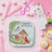 Happy 80th Birthday Birds at Birdhouse Pappteller (Party)