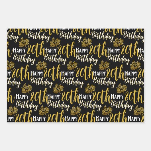 Happy 80th Birthday Black Gold Foliage Photo Geschenkpapier Set (Vorderseite 3)